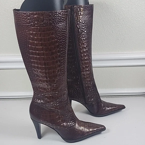 Gianni Bini Brown Croc-Embossed Heeled Boots - Picture 1 of 11